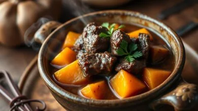 Prato de carne de panela com batata doce, com cubos de carne macia, caldo encorpado e batata doce laranja, servido em uma tigela de cerâmica rústica.
