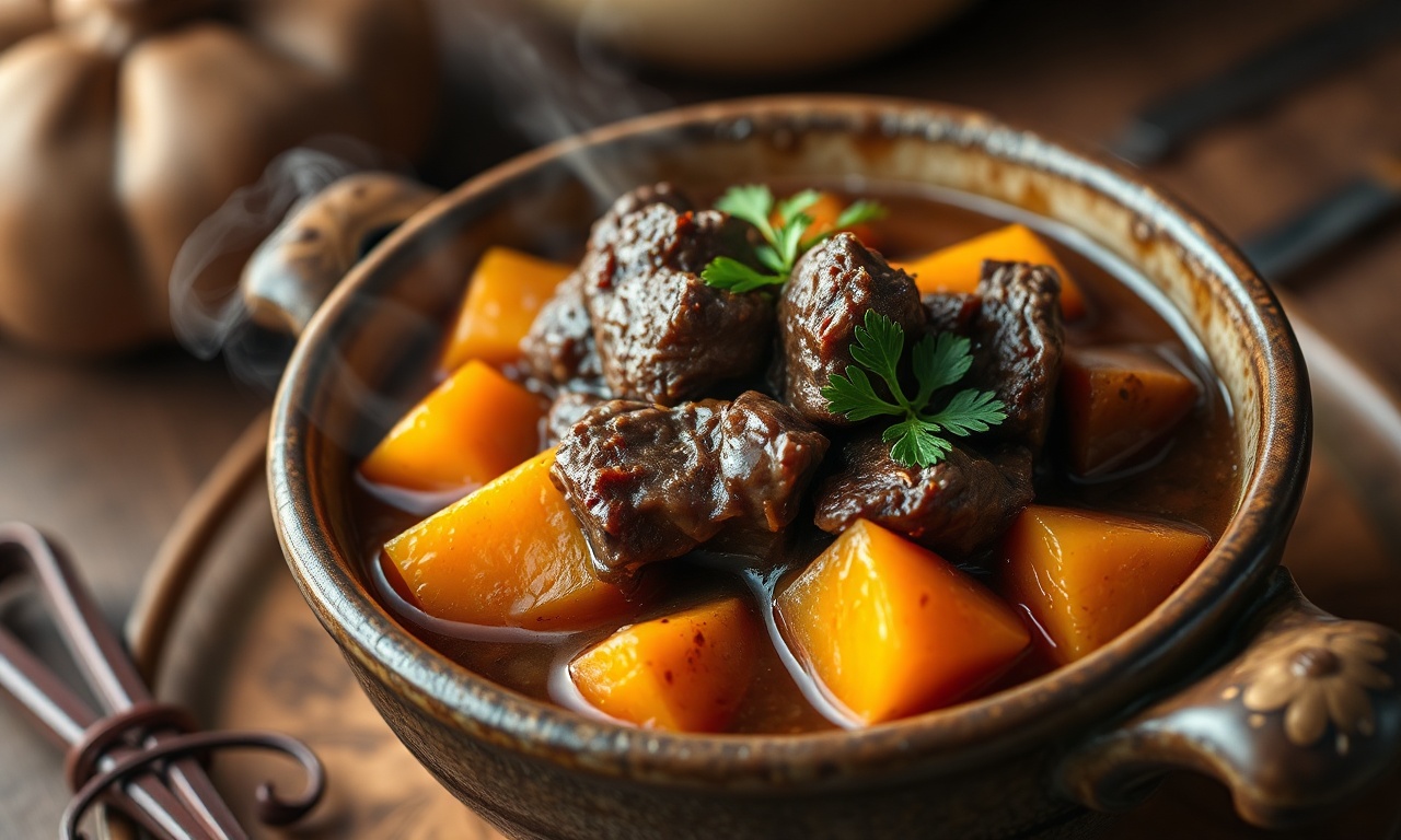 Prato de carne de panela com batata doce, com cubos de carne macia, caldo encorpado e batata doce laranja, servido em uma tigela de cerâmica rústica.