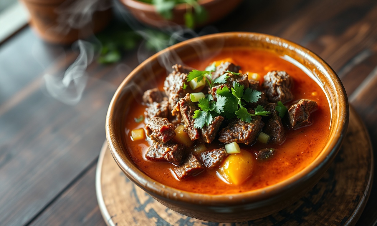 Carne desfiada em molho brilhante de tomate e laranja, finalizada com ervas frescas.