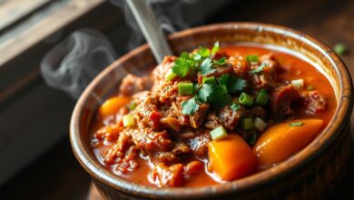 A carne desfiada, macia e coberta por um molho aveludado com toques de laranja e ervas frescas vibrantes.