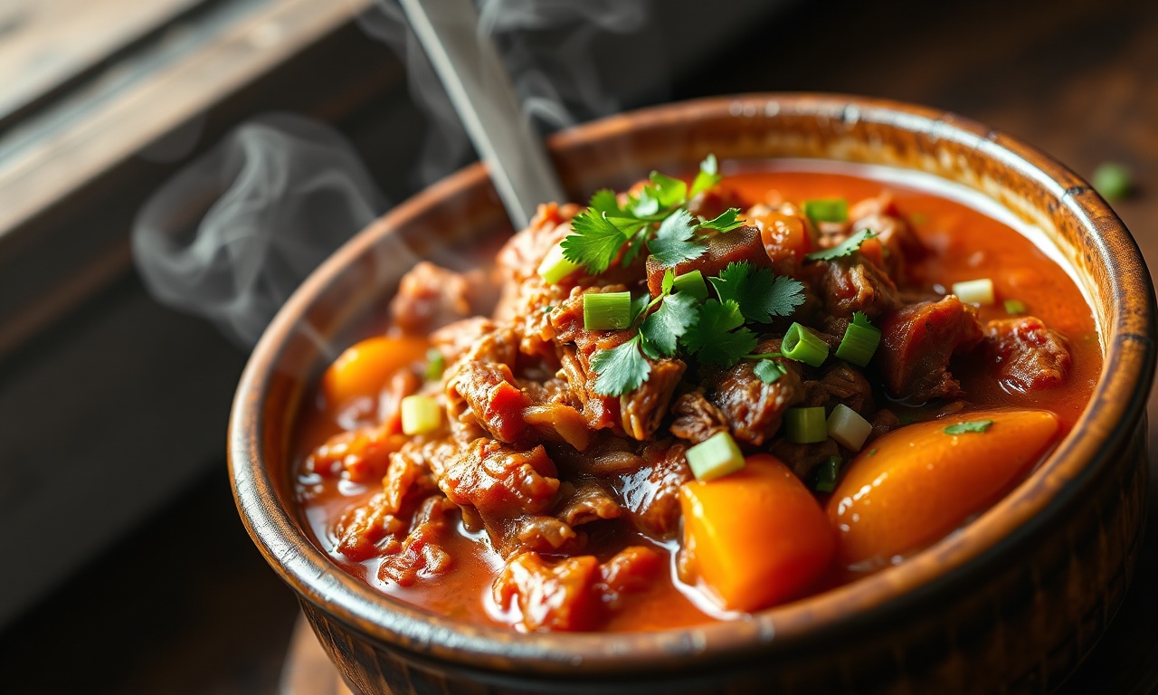 A carne desfiada, macia e coberta por um molho aveludado com toques de laranja e ervas frescas vibrantes.