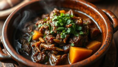 Carne desfiada e macia, banhada em um molho escuro e aromático, finalizada com folhas verdes vibrantes.