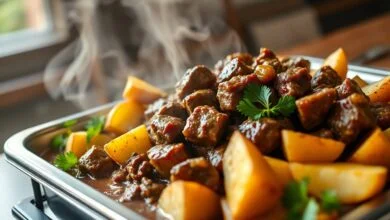 Travessa grande servindo carne de panela suculenta com batatas