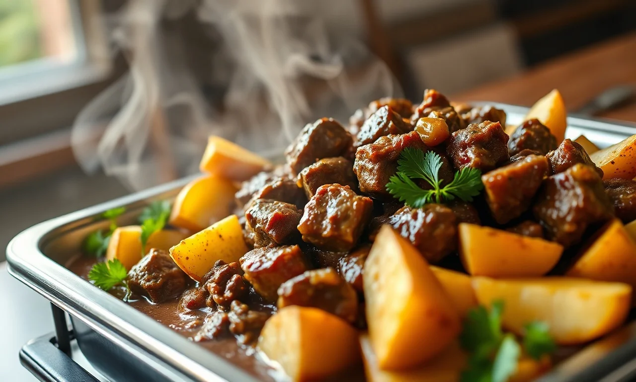 Travessa grande servindo carne de panela suculenta com batatas