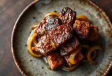 Cubos de carne dourados, com crosta caramelizada e suculentos, servidos em um prato rústico.