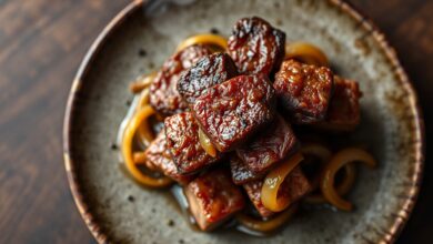 Cubos de carne dourados, com crosta caramelizada e suculentos, servidos em um prato rústico.