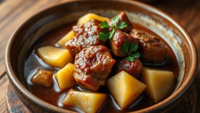 Cubos de porco dourados e macios, banhados por um molho espesso e aromático, acompanhados de batatas cremosas que desmancham ao toque do garfo.