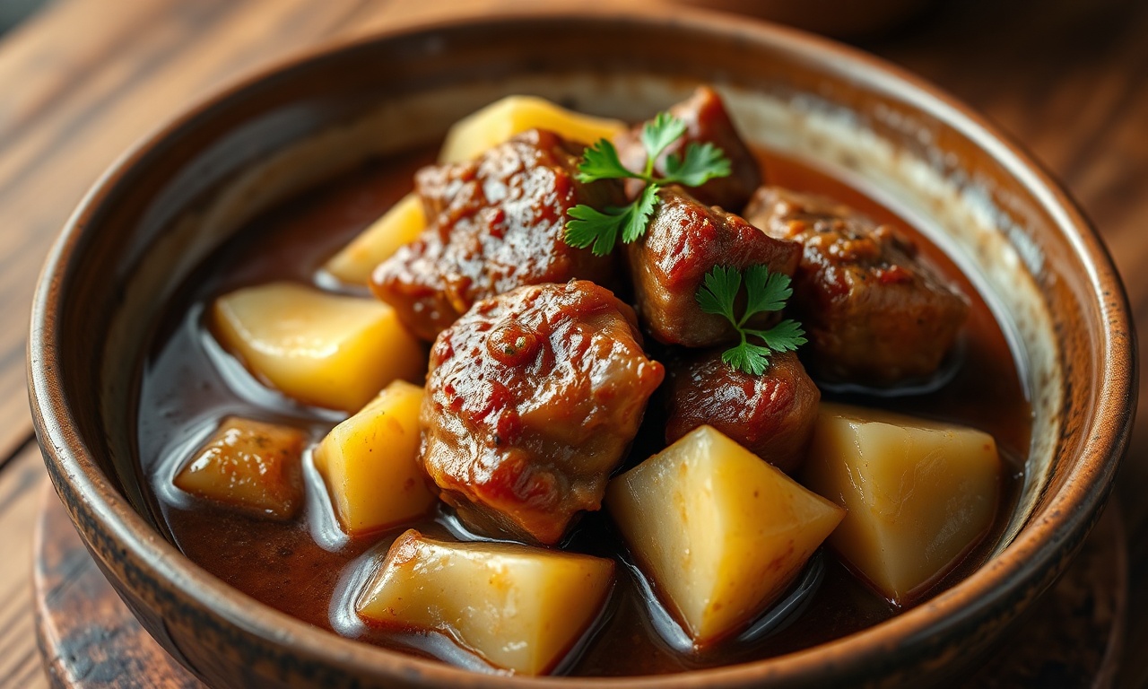 Carne De Porco Na Panela De Pressão: Macia Em 45 Min 3 Cubos de porco dourados e macios, banhados por um molho espesso e aromático, acompanhados de batatas cremosas que desmancham ao toque do garfo.