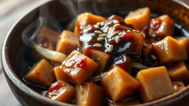 Cubos de lombo de porco dourados e caramelizados, cobertos por um molho shoyu espesso e brilhante, com pedaços de cebola macia, servidos em um prato de cerâmica.