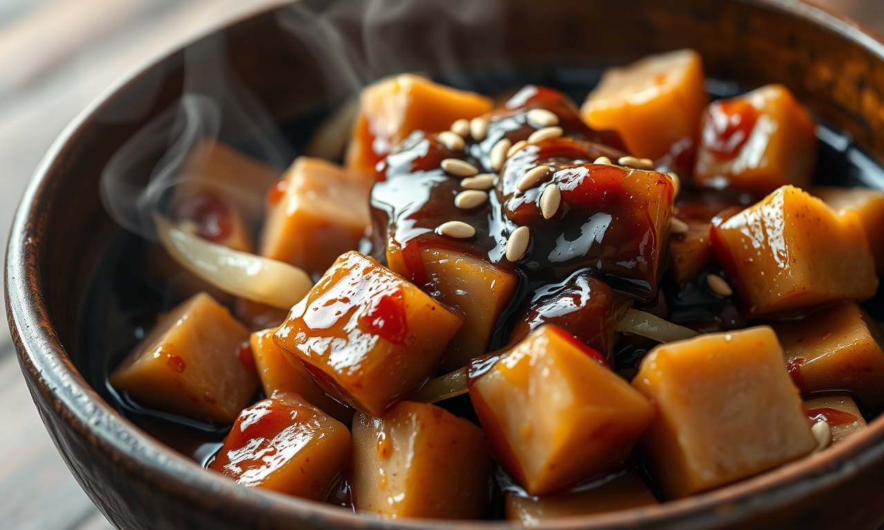 Carne De Porco Com Molho Shoyu: Fácil E Macia Em 45 Min 3 Cubos de lombo de porco dourados e caramelizados, cobertos por um molho shoyu espesso e brilhante, com pedaços de cebola macia, servidos em um prato de cerâmica.