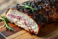 Fatias de lombo de porco dourado com uma camada de tempero seco caramelizado, suculentas por dentro e com crosta saborosa por fora.