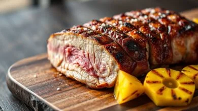 Fatias suculentas de carne de segunda com crosta dourada e especiarias, servidas em tábua rústica.