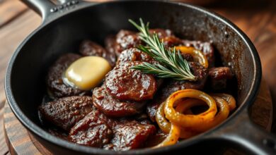Bifes de carne de sol com uma crosta dourada e caramelizada, cobertos por anéis de cebola macios e dourados, servidos em uma frigideira de ferro fumegante.