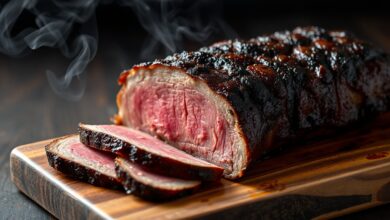 Fatias de carne vermelha defumada, com cor escura na casca e interior rosado, servidas sobre tábua rústica.