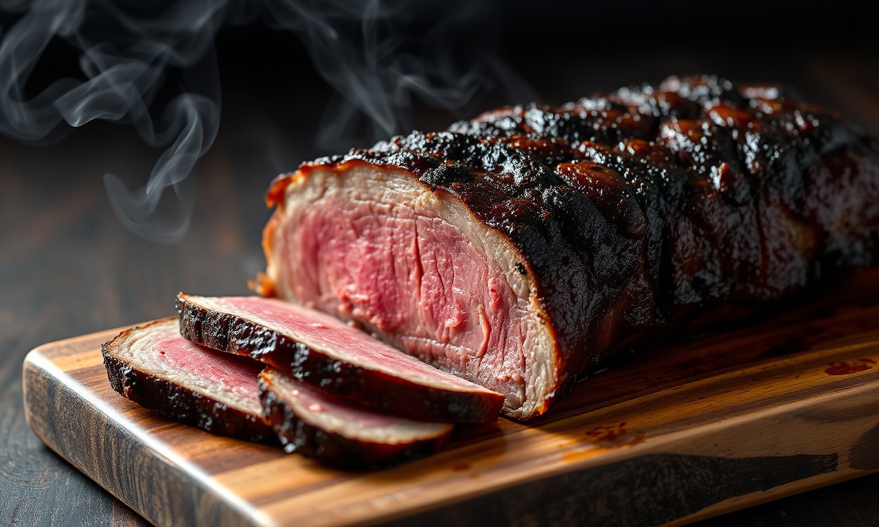 Fatias de carne vermelha defumada, com cor escura na casca e interior rosado, servidas sobre tábua rústica.
