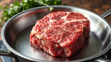 Um bife vermelho, macio e suculento, repousando sobre o fundo de uma panela de inox, mostrando o resultado perfeito do descongelamento rápido.