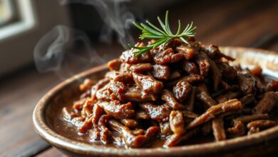 Carne desfiada, macia e coberta por um molho escuro e brilhante, servida em um prato de cerâmica rústico.