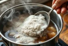 Uma panela com caldo de carne fervendo, mostrando a espuma cinza-esbranquiçada sendo removida por uma escumadeira, ilustrando a técnica de escumagem.