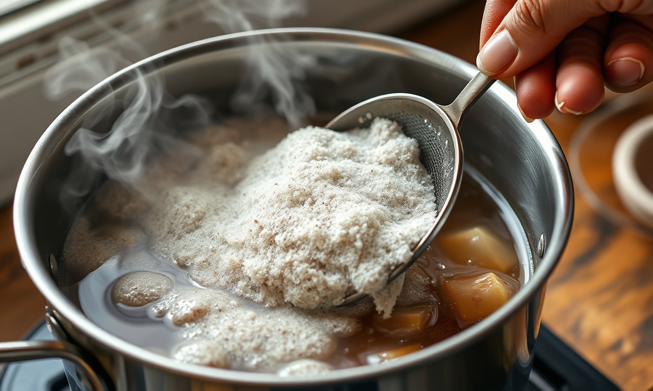 Uma panela com caldo de carne fervendo, mostrando a espuma cinza-esbranquiçada sendo removida por uma escumadeira, ilustrando a técnica de escumagem.