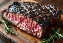 Bife de churrasco perfeitamente grelhado, com marcas de grelha douradas e cristais de sal fino visíveis, fatiado sobre tábua rústica.