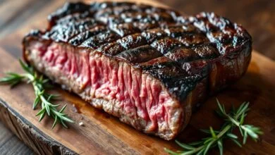 Bife de churrasco perfeitamente grelhado, com marcas de grelha douradas e cristais de sal fino visíveis, fatiado sobre tábua rústica.
