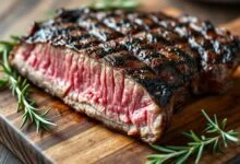 Fatias perfeitas de carne grelhada, macias e suculentas, cortadas contra a fibra.