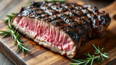 Fatias perfeitas de carne grelhada, macias e suculentas, cortadas contra a fibra.