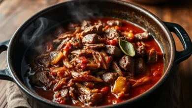 Carne bovina desfiada em lascas macias, coberta por molho espesso de tomate e cebola caramelizada, servida em panela de ferro funda com folhas de louro visíveis