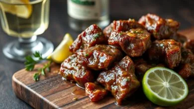 Pedacinhos de carne fibrosa que ficaram macios após a marinada com cachaça, alho e ervas, prontos para o preparo.