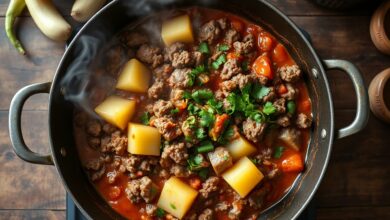 Uma panela larga com carne moída marrom dourada e cubos de chuchu macio e translúcido, finalizada com salsinha fresca, pronta para servir.