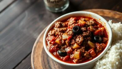 Prato principal de carne moída desfiada e soltinha, envolta por um molho de tomate encorpado e avermelhado, pontilhado com azeitonas fatiadas escuras e cebola dourada, servido ao lado de uma porção generosa de arroz branco solto.