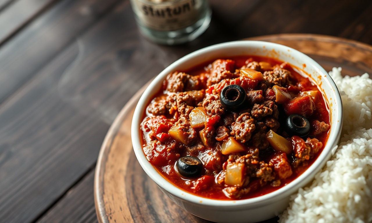 Carne Moída Com Molho Solta E Saborosa Em 30 Minutos 3 Prato principal de carne moída desfiada e soltinha, envolta por um molho de tomate encorpado e avermelhado, pontilhado com azeitonas fatiadas escuras e cebola dourada, servido ao lado de uma porção generosa de arroz branco solto.