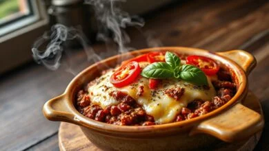 Refratário com carne moída coberta por mussarela derretida e dourada, com fatias de tomate assado visíveis.