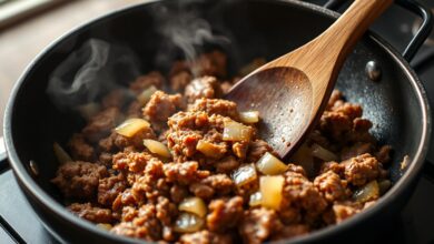 Carne moída dourada e soltinha em uma panela antiaderente, pronta para servir.