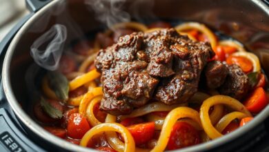 Cubos de carne macia e desfiada sobre uma cama de cebolas caramelizadas e tomate, com folhas de louro e colorau.