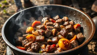 Carne em cubos suculenta com vegetais coloridos servida no disco rústico