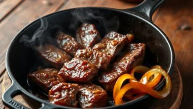 Tiras douradas de alcatra macia em uma frigideira de ferro, com cebolas caramelizadas ao lado, prato de carne para fazer em tiras.
