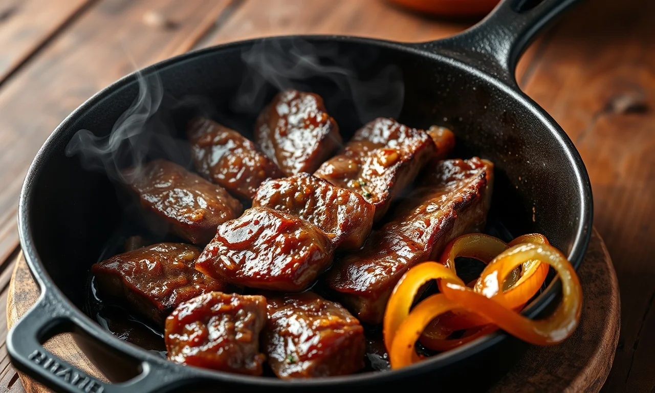 Tiras douradas de alcatra macia em uma frigideira de ferro, com cebolas caramelizadas ao lado, prato de carne para fazer em tiras.
