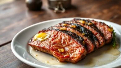 Fatias de carne bovina douradas com crosta saborosa, finalizadas com manteiga e alho dourado, servidas em um prato branco.