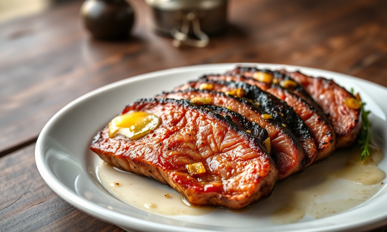 Fatias de carne bovina douradas com crosta saborosa, finalizadas com manteiga e alho dourado, servidas em um prato branco.