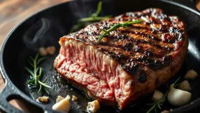 Bife de carne raquete fatiado com crosta dourada escura, macio por dentro, sobre frigideira de ferro com ramos de alecrim.