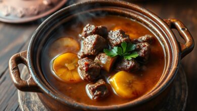Carne seca com banana da terra em panela de barro, caldo encorpado e saboroso, banana desmanchando parcialmente, finalizada com salsinha fresca.