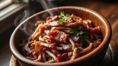 Carne seca desfiada em fibras longas, levemente úmida e decorada com salsinha