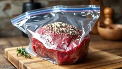 Corte de picanha temperado com alho e sal, selado a vácuo em saco transparente, pronto para ir ao freezer
