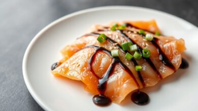 Entrada sofisticada com fatias finas de salmão cru, molho de shoyu brilhante e finalização com cebolinha e gergelim.