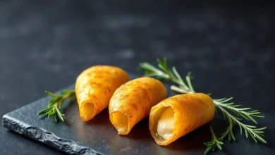 Casquinhas de queijo douradas em formato de cone, crocantes e elegantes, prontas para servir.