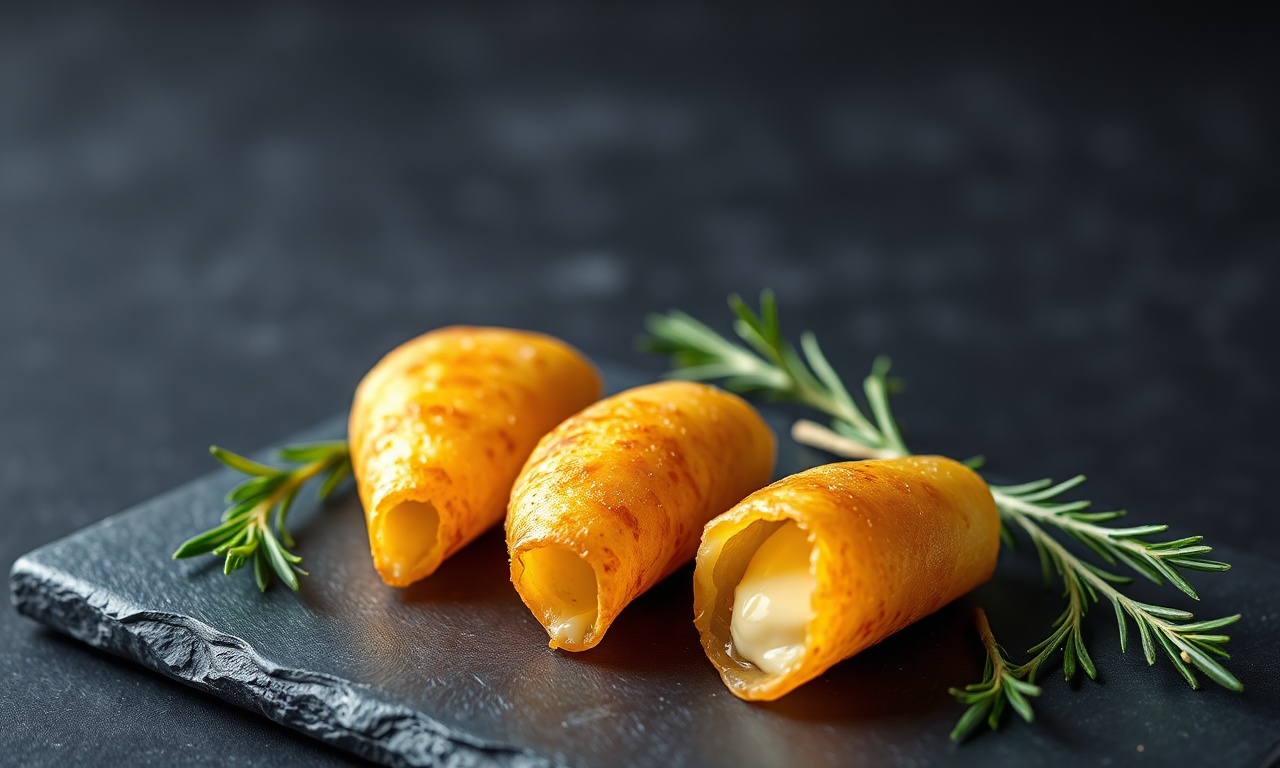 Casquinhas de queijo douradas em formato de cone, crocantes e elegantes, prontas para servir.