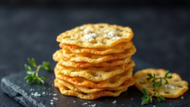 Disques dourados de queijo parmesão e mussarela, crocantes e perfeitos, servidos em um prato rústico.