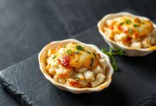 Duas conchinhas de cerâmica com recheio cremoso de siri, cobertas por uma camada dourada de queijo parmesão gratinado, decoradas com salsinha fresca picada.