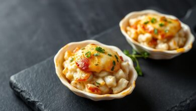 Duas conchinhas de cerâmica com recheio cremoso de siri, cobertas por uma camada dourada de queijo parmesão gratinado, decoradas com salsinha fresca picada.